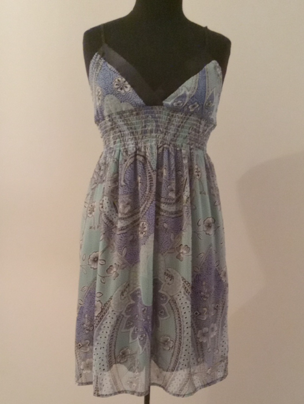 Blue-Green Paisley Midi Sundress with Smocked Waist Adjustable Straps